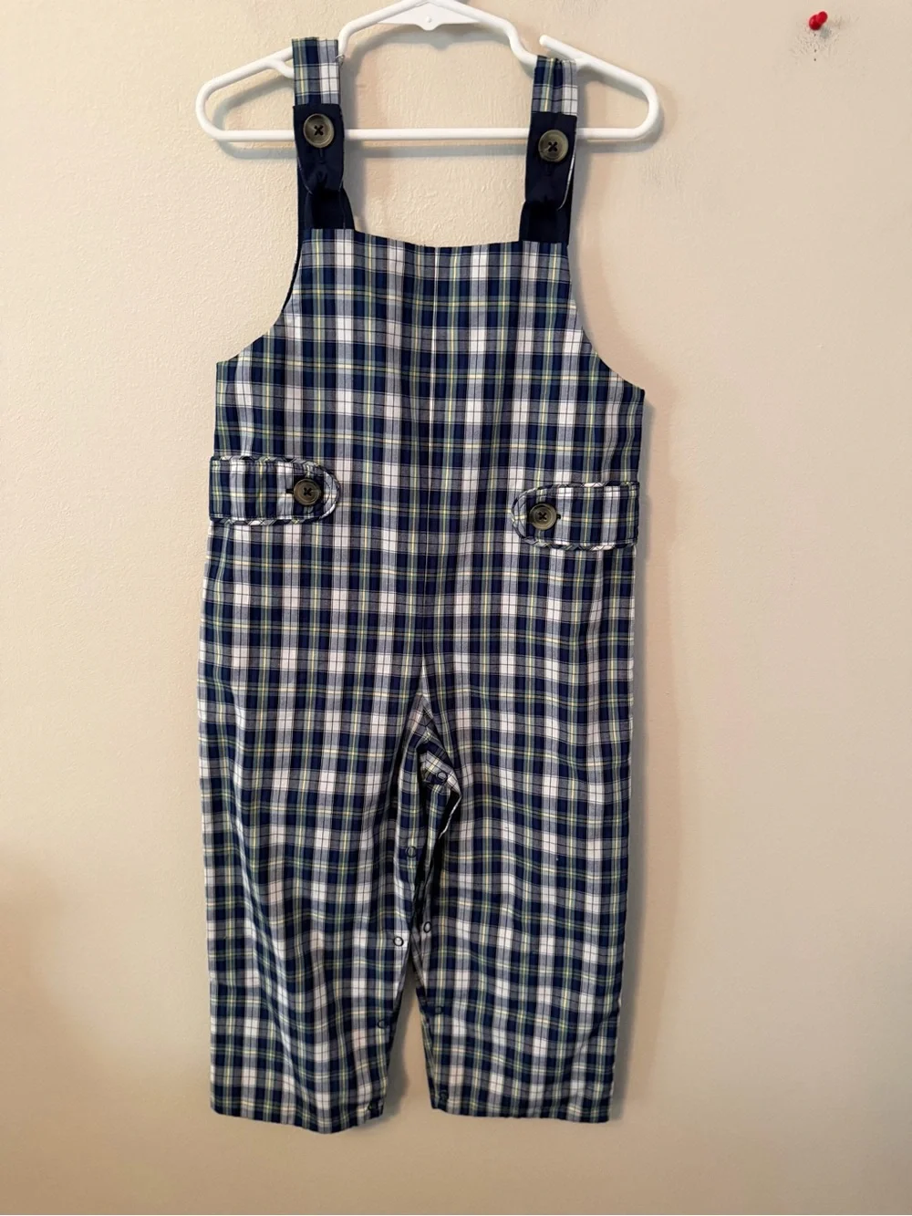 The Beaufort Bonnet Company Plaid Navy & White Kids Overalls